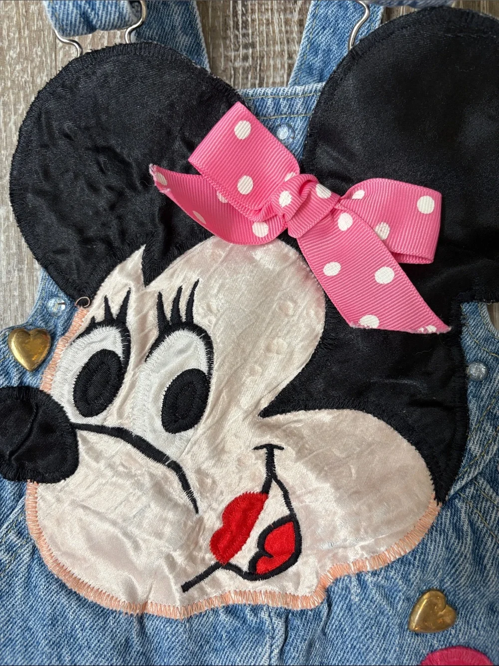 Vintage Oshkosh Denim Minnie Mouse Heart Appliqué Overalls